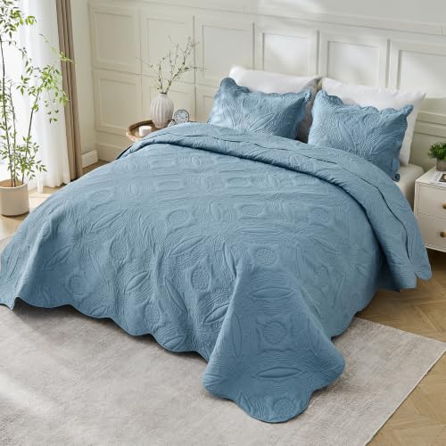 Image of Kingnex Oversized King Bedspreads 128x120 for Extra Wide Tall King or Cal King Bed Ultrasonic Quilted Coverlet Set 3 Piece Include 1 Quilt 2 Pillowcases Dusty Blue