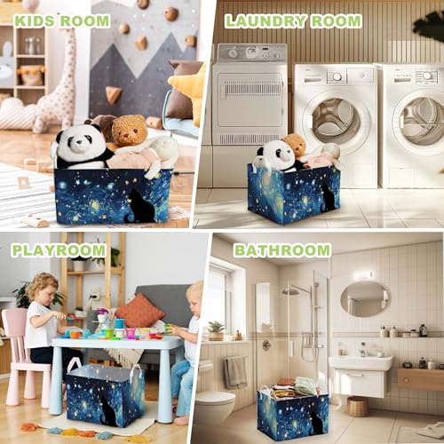 Image of Starry Night Black Cat Toy Basket, Closet Shelf Organizer Baskets for Nursery Decor, Bathroom, Bedroom, Home Decor Gift Basket Large Squarecanvas Laundry Hamper With a Waterproof PE Coating, Foldable