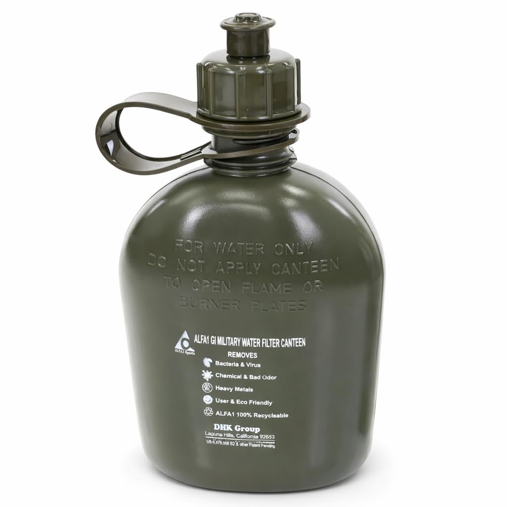 ALFA1 OD GI Military Water Canteen 1 Quart/32oz (Green) | Improves Taste & Odor | Leak Proof BPA-Free Plastic | Camping, Hiking, Backpacking, Outdoor & Travel