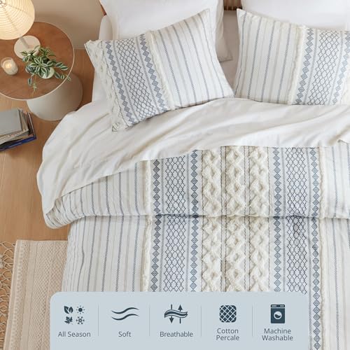 Image of Ink+Ivy King Comforter Set, Boho Comforters, Breathable Cotton Bed Set, All Season Modern Chenille Tufted Comforter with Farmhouse Bedding Flare, Gifts for Woman, White /Navy 3 Piece