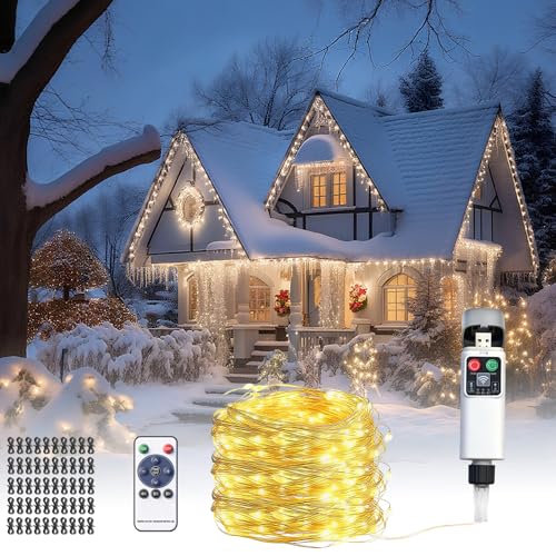 ACONDE Christmas & Halloween Decorations Lights: 50m USB Battery Powered Warm White Fairy Lights with Remote for Families with Young Kids - Indoor-Outdoor Waterproof Light up Tree Porch Garden Shed