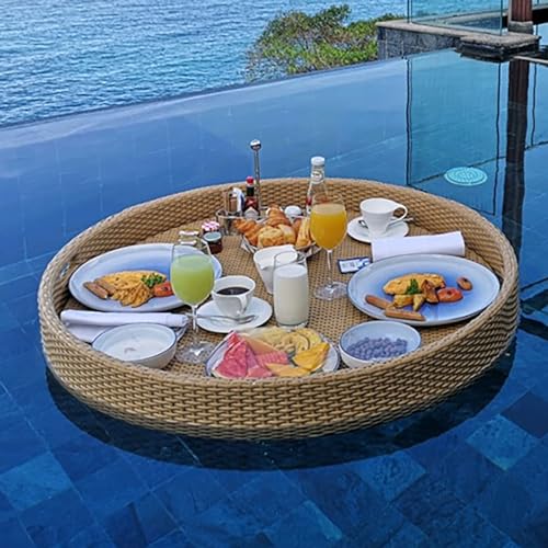 Mesa de billar flotante extra grande – Soporte redondo de ratán de lujo amarillo de 60 cm con superficie de agua para bebidas, perfecto para fiestas en la piscina y relajación
