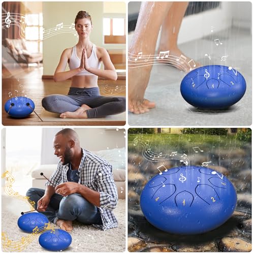 Image of Rain Drum for Outside Garden, 6 Inches 8 Notes Steel Tongue Chakra Drums, Waterproof Meditation Echo Rain Chime, Musical Instruments for Adult Gift with Bag, Music Book (Dark Blue)