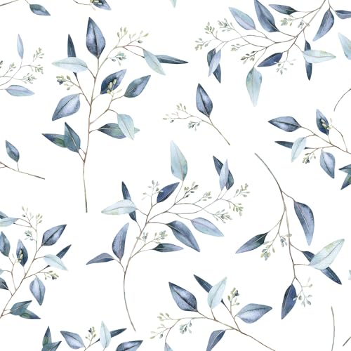 Laatse Blue Leaf Contact Paper 17.5In x 393In Boho Leaf Wallpaper Peel and Stick Self Adhesive Farmhouse Vintage Floral Wall Paper for Bedroom Countertop Drawers Decor
