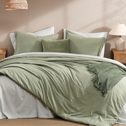 Monbix King Size Comforter Set - 7 Pieces Olive Green Prewashed Bed in a Bag King Bedding Sets with Comforters, All Seasons Ultra Soft Comforter Bed Set with Sheets,Pillowcases & Shams