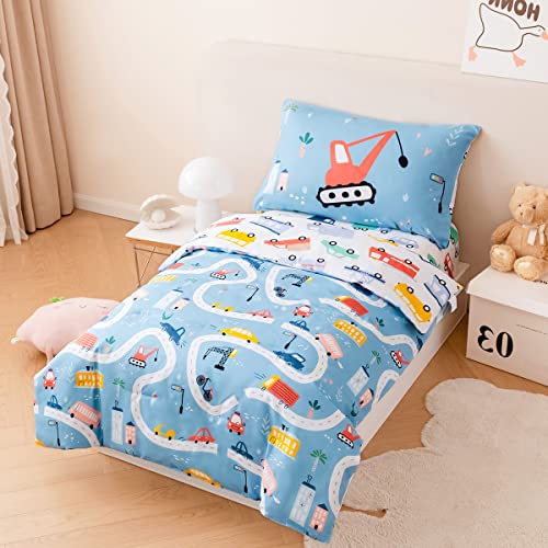 Perfemet 4-Piece Toddler Bedding Set Driving Cars On Road Printed Bed In A Bag Comforter Set Reversible Lightweight Blue Cars Toddler Bed Set With Sheets(Blue, Cars) #TOP16