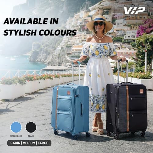 Image of VIP Grande 8 Wheel Check-in (Large Size) Soft Case Trolley Bag | TSA Lock | Expandable Polyester Luggage | 3 Year International Warranty | Anti-Theft Zipper | 81 CM Suitcase for Travel | Smoke Blue