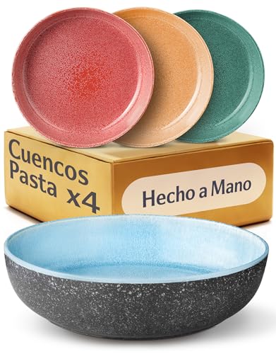 Cosumy Set de 4 Platos para Pasta en Gres Ø22 cm – Vajilla Artesanal con Esmalte Reactivo – Juego de Colores Vibrantes, Apto para Microondas y Lavavajillas – Set de 4 Piezas para Pasta