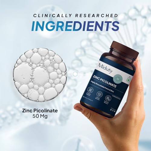 Image of Miduty Zinc Picolinate 50 mg - High-Absorption Chelated Zinc Supplement - Immune Support, Skin & Hair Health - Supports overall wellness, Muscle Strength & Metabolism- For Men & Women - 60 Capsules