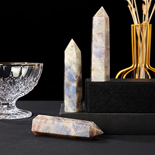 Varita de piedra lunar azul oscuro de 8-10 cm con punta de cristal hexagonal 4