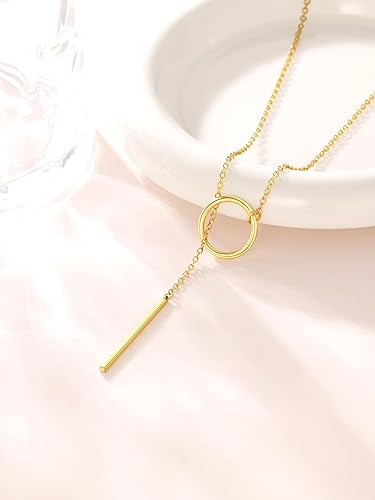 Miniatura 8 de FOCALOOK Long Necklaces for Women 18K Gold Plated Dainty Drop Bar Pendant Lariat Y-Shaped Necklace 28inch73cm