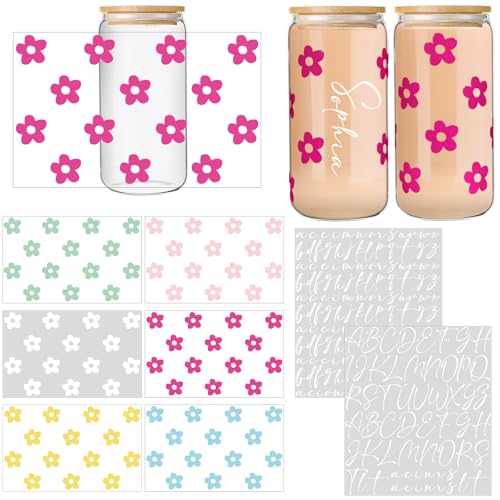 Image of Glenmal 8 Sheets UV Dtf Cup Wrap Transfer Stickers Gifts DIY Flower Daisy Personalized Letters Wrap Transfer Stickers for Women Nurse Glass Cups Bottle Wood Crafts Decals(Light Color)