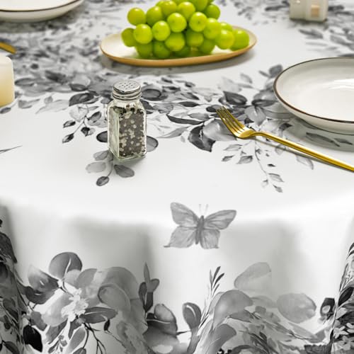 Image of Horaldaily Spring Tablecloth 60 x 60 Inch Round Eucalyptus Floral Gray | Washable Table Cover for Party Picnic Dinner Decor