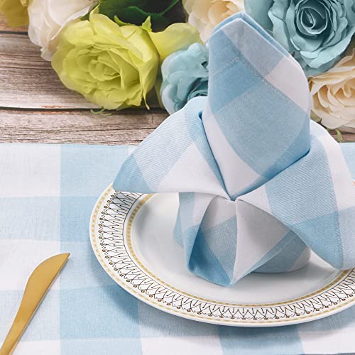 Image of Cotton Cloth Napkins Set of 12 Blend Buffalo Plaid, 20 x 20 Inch Washable Dinner Napkins, Buffalo Checks Reusable Table Napkins for Restaurant, Party, Wedding, Holiday, Farmhouse，Light Blue and White