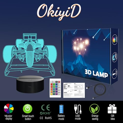 Image of OkiyiD F1 Gifts for Boys Men, Formula 1 Racing Car 3D Illusion lamp Roadster Night Light for Kids Boys Bedroom Decor,16 Colors Changing Lighting Lamp with Remote Control