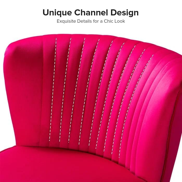 Image of Modern Upholstered Accent Velvet Chair Single Seater Channel Tufted Wing Back Chair with Golden Matel Legs for Living Room, Bedroom, Dining Room, Fuchsia