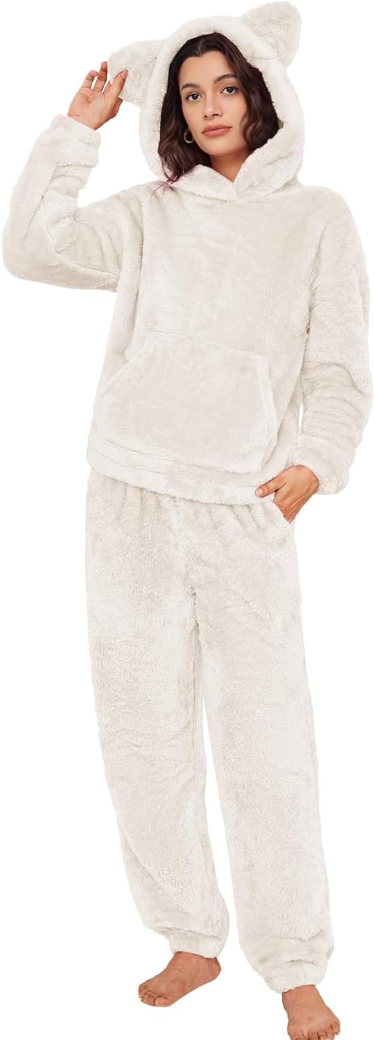 Flygo Women's Fluffy Pajamas Sets Fleece Loungewear Pullover Bear Ear Fuzzy Hoodie Plush Pants 2 Piece Sleepwear with Pockets