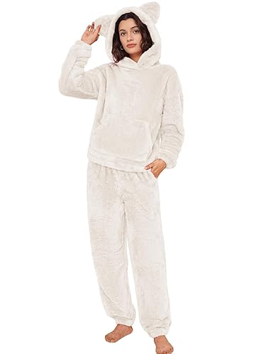 Flygo Women's Fluffy Pajamas Sets Fleece Loungewear Pullover Bear Ear