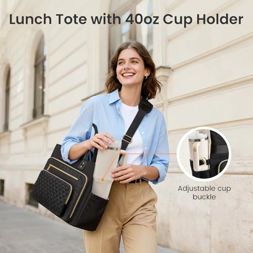 Image of LOVEVOOK Lunch Bag, Tote Bag for Women with Insulated Lunch Compartment, Large Capacity Work Tote fit 17.3 Inch Laptop, Teacher Nurse Bag for Work, Crossbody Bags for Women with Cup Holder, Black