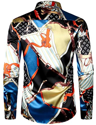 Image of ZEROYAA Men's Luxury Printed Silk Like Satin Button Down Dress Shirt for Party Prom