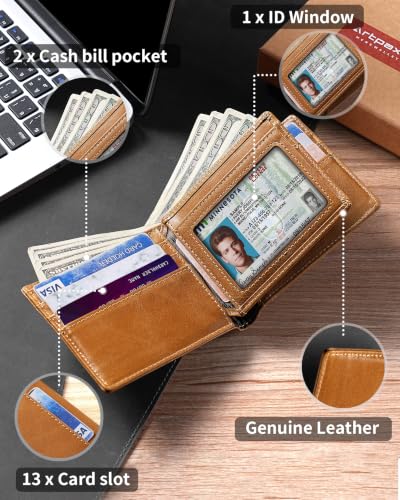 Image of Artpaxy Mens Wallet Bifold Genuine Leather RFID Blocking Wallet for Men with 1 ID Window 13 Card Holders 2 cash pockets 1 Gift Box