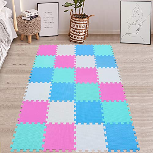 MSHEN 24 pièces Puzzle Tapis Mousse bébé | Tapis Mousse Puzzle|Tapis de So l Jeux éducatifs pour la Petite enfance Tapis. La Taille 1,93 carré.Blanc -Rose-Bleu-Vert-ACGHg24 Cover
