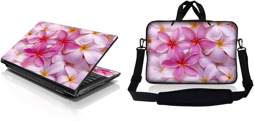 Laptop Sleeve Bag Carrying Case w/Handle & Adjustable Shoulder Strap & Matching Skin Sticker Compatible with 15" 15.4" 15.6" Dell, Asus, Acer - Pink Plumeria Flower