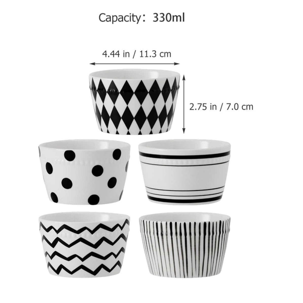 Cabilock Bols à Riz en Céramique 330ml, Lot de 5, Style Noir et Blanc | Légers et Portables, Fond Antidérapant, Faciles à Nettoyer, pour Repas Quotidiens, Desserts et Soupes
