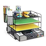 DALTACK 4-Trays Desktop File Organizer with Pen Holder，Letter Tray Paper Organizer with Drawer and Pen Holders，Black Mesh Office Supplies File Holder，Desk Organizer for Office School Home