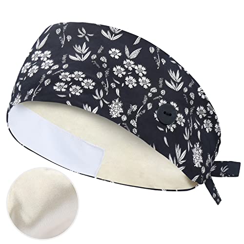 Image of Adjustable Scrub Cap with Button, Satin-Lined Cotton Scrub Hat Sweatband, Elastic Working Hat Unisex, One Size