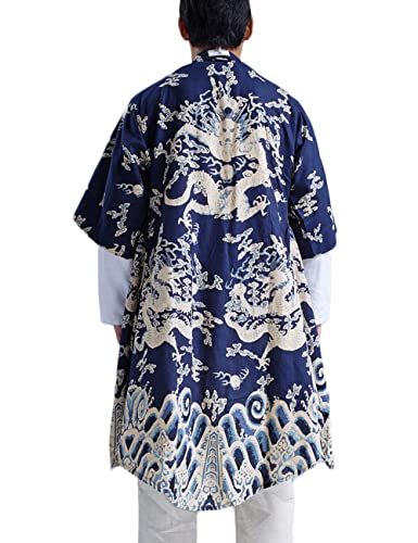 Ystylee Men's Kimono Robe Dragon Vintage Printed Lightweight Cotton Linen Japanese Haori Samurai Robe with Belt2