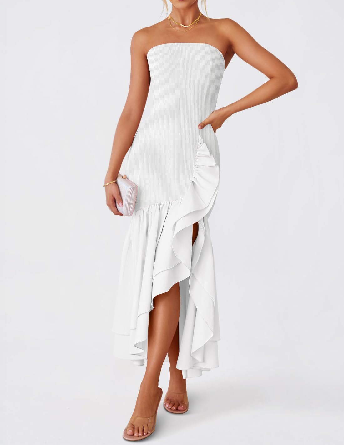 ZESICA Women's 2025 Summer Strapless Bodycon Maxi Dress Ribbed Sexy High Split Mermaid Prom Party Dresses - Image 8