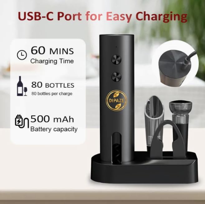 Electric Wine Opener Set 4-in-1 Automatic Corkscrew – Rechargeable Bottle Opener with Foil Cutter, Wine Pourer & Vacuum Stopper, Easy One-Touch Operation for Home, Kitchen & Gifts