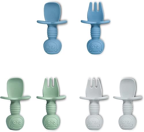 JIFTOK 6 cucharas y tenedores de silicona para bebés y niños pequeños punta suave fácil en las encías utensilios de entrenamiento de