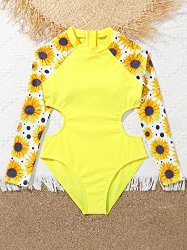 Sweatyrocks Girl's One Piece Rashguard Bathing Suit Color Block Cut Out Long Sleeve Swimsuit Yellow 9Y #TOP4