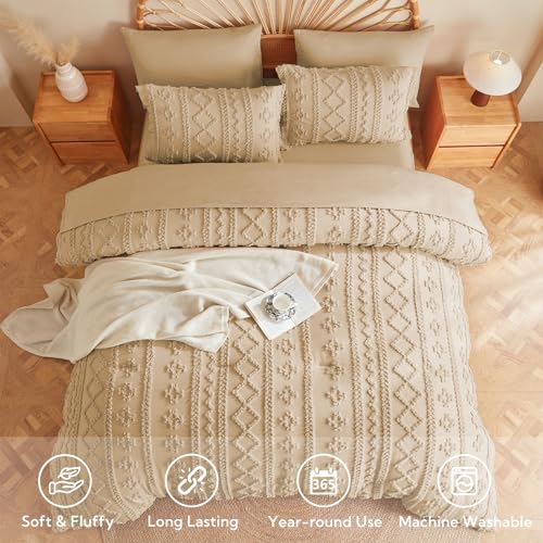 Image of MR&HM 7 Pieces Boho Comforter Set King, Khaki Tufted Boho Bedding Set, Farmhouse Shabby Chic Bed in a Bag with 1 Comforter, 2 Pillow Shams, 2 Pillowcases, 1 Flat Sheet, 1 Fitted Sheet for All Seasons
