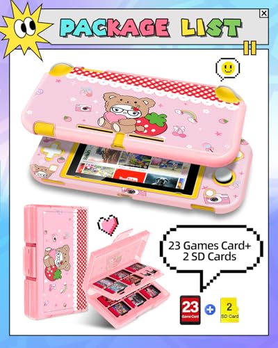 Gurgitat 6in1 Kits Accessories Bundle for Nintendo Switch Lite 2019 - Cute Carrying Case, Protective Cover, Joy Con Grips, Thumb Grips, 24 Game Holder, Shoulder Strap Teens Boys Girls, Strawberry - Image 4