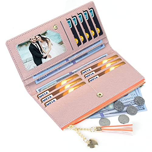 Image of SUMGOGO Wallets for Women Slim Clutch Purse Handbag Card Holder Womens Long Tassel Zipper Pocket Fashion Taiga Leather Billfold Wallet (Orange)