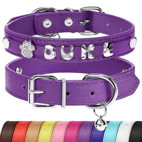 Fablclw Personalized Cat Collar with Bling Name & Paw Charm, Custom Kitten Buckle Collars for Boy & Girl for Cats, PU Leather with Removable Bell, Non Breakaway, Purple, XS