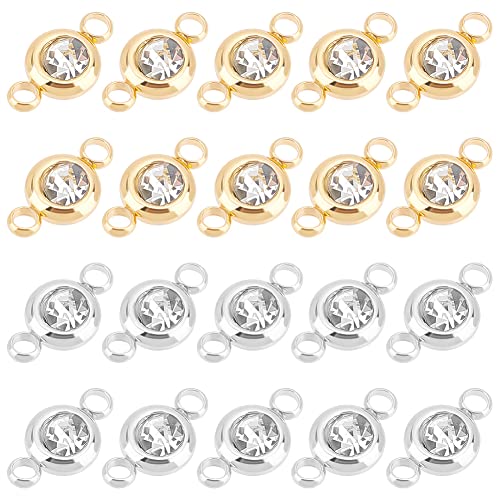 UNICRAFTALE about 20pcs 2 Colors Glass Connector Charms 12x6.5mm Stainless Steel Crystal Rhinestone Link Charms Flat Round Diamond Connectors Linking Charm for Jewelry Making