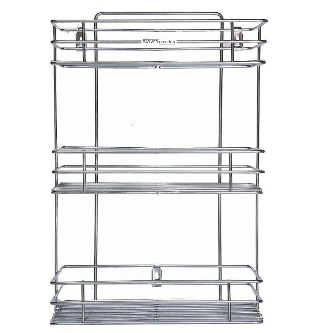 RAYVER CREATION 3 Tier Stainless Steel Kitchen Rack Basket Stand Storage Organizer Wall-Mounted Shelf for Spice Boxes Utensils Large (Pack of 1)