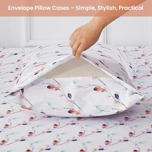 Image of Softan Floral Twin Sheet Set, 3-Piece Cozy Microfiber Pastel Blooms Printed Fitted Bed Sheet with 15 inch Deep Pockets & Non-Slip Straps, Feather Patterned Sheets & Pillowcase Set