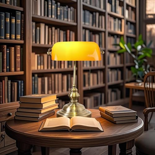 NLLATEI Lampe De Bureau De Banquier, Lampes De Bureau Antiques En Verre Vert Avec Base En Laiton Et Chaîne De Traction, Lampes De Bureau Vintage Pour Bibliothèque, Bureau, Salle D'étude(Orange)