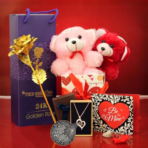 Image of TIED RIBBONS Valentine Gift Hamper for Girlfriend Wife Girls Women Birthday Wedding Anniversary - Romantic Gifts - Teddy Bear Couple, Card, Ring and Artificial Golden Rose Flower with Box