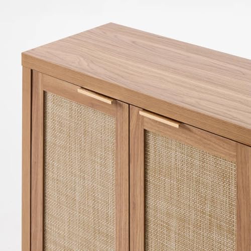 Image of OAKHAM HOME Rattan Sideboard Cabinet with Storage, Natural Oak | Buffet Cabinet with 2 Soft-Close Doors, Adjustable Shelves and 110 lbs Top, For Living Room, Kitchen, Entryway