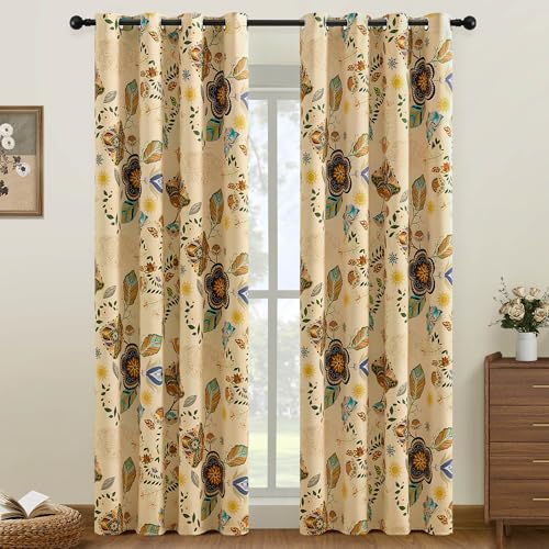 Image of XiDi Beige Floral Curtains 90 Inch Long Vintage Patterned Blackout Curtains
