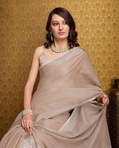 Image of SWORNOF Women's Linen Cotton Silk Saree with Unstitched Blouse Piece | Saree for Women | Saree with Blouse Piece | Soft and Skin Friendly