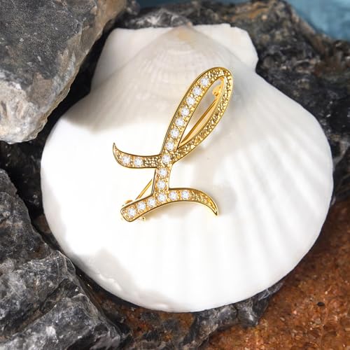Image of Cicy Bell A-Z Initial 26 Letter Brooch Pins 18k Gold Plated Cubic Zirconia Breastpin Name Personalized Gifts for Women Men
