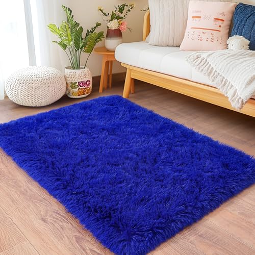 Small Rugs for Bedroom, Fluffy 2x3 Rug Throw Non Slip for Bedside Dorm Kids Room, Plush Comfy Shag Carpet for Home Decor Aesthetic, Royal Blue