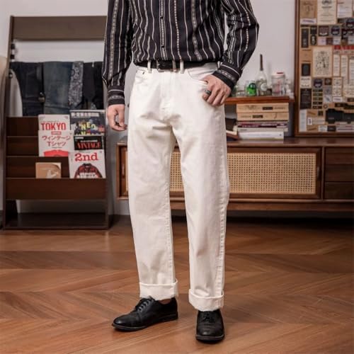 Men’S Casual Loose Fit Straight Selvedge Denim Full Length Jeans Zipper Fly Midweight Rugged Style Casual Wear Pants3